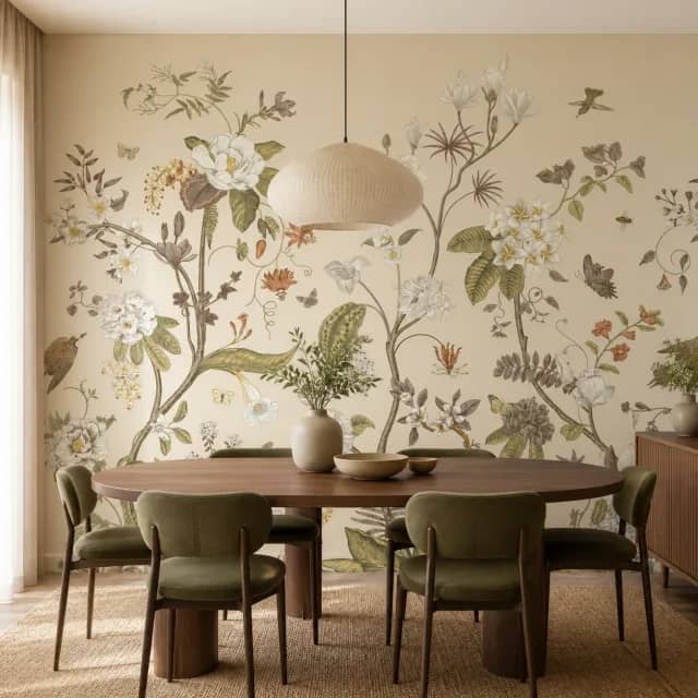 Botanical garden mural behind a wood table and olive chairs in a dining room