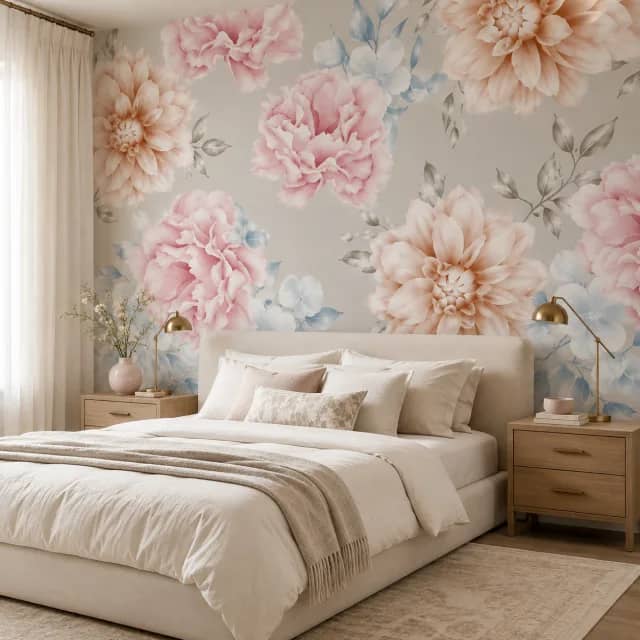 Blush floral wallpaper installed behind a bed in a calm bedroom