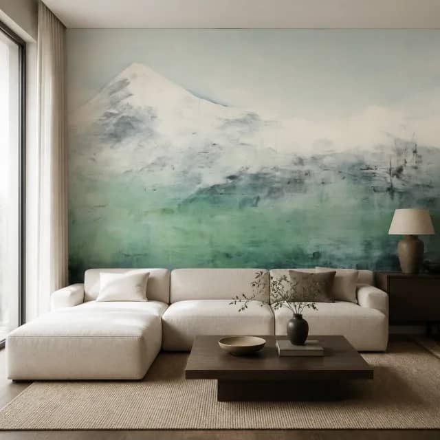 Contemporary living room with a turquoise snowy mountain mural