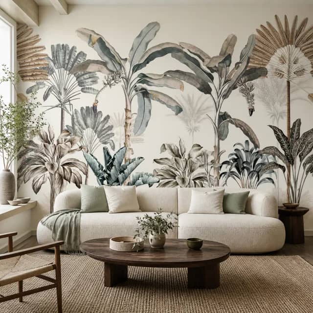 Vintage tropical mural installed in a modern living room