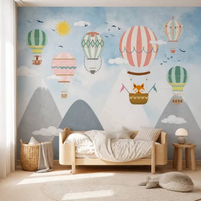 Balloon and fox mural in a calm natural-wood children's bedroom