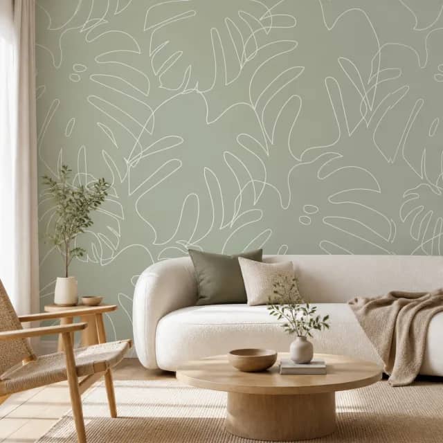 Contemporary living room with a Sage Linework Leaves mural wall