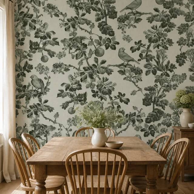 Sage green bird botanical wallpaper in a dining room with a warm oak table