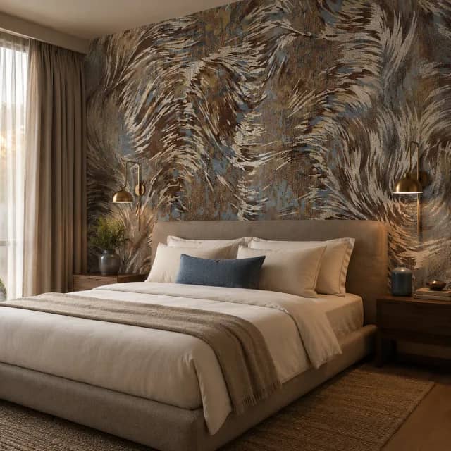 Aged palm frond mural wallpaper in a calm boutique hotel bedroom