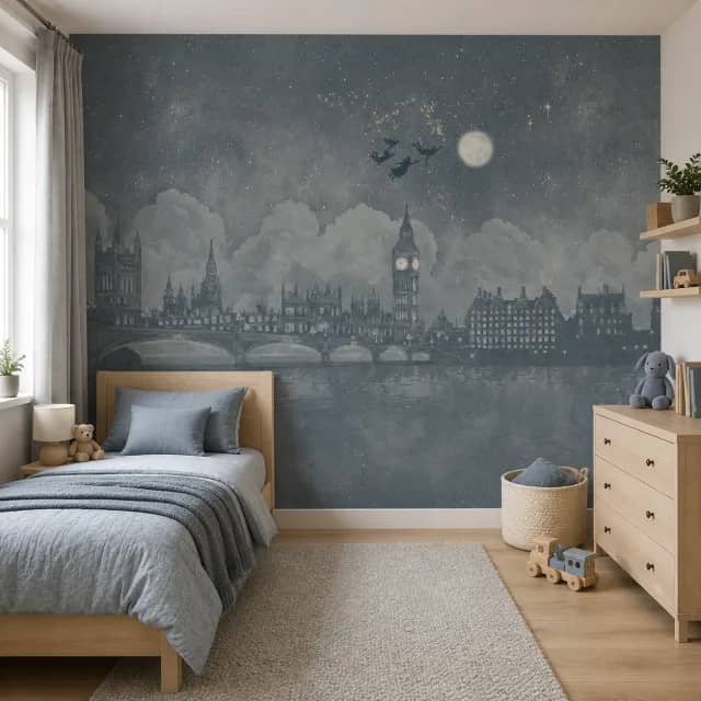 Slate blue-grey London mural installed on a calm bedroom feature wall