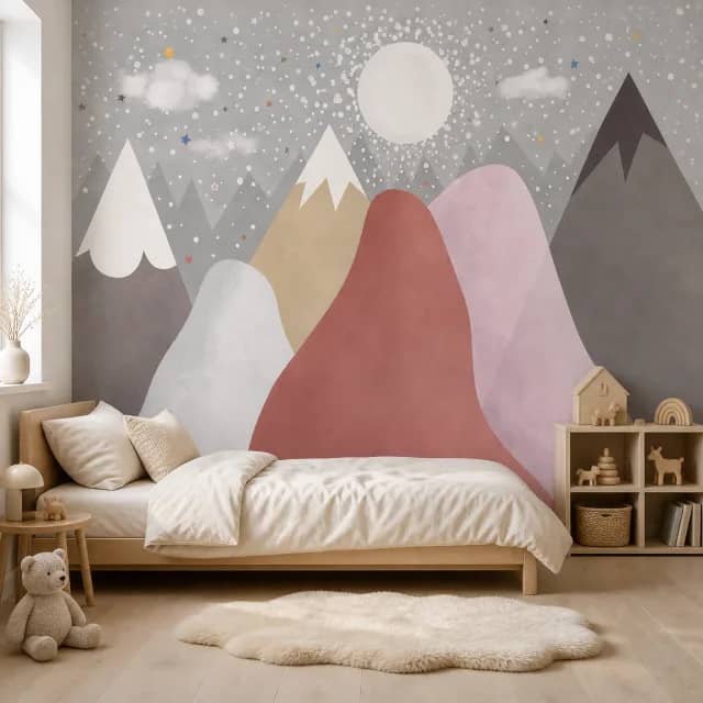 Snow mountain wallpaper in a calm kids bedroom