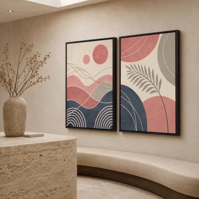 Rose Orbits abstract canvas pair in black frames on a boutique reception wall with stone accents