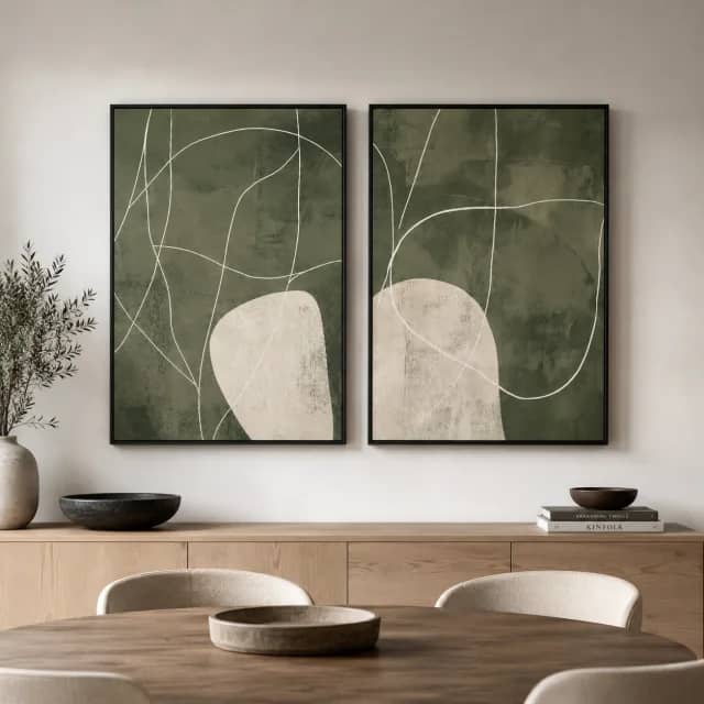Two olive abstract panels above a dining sideboard with black frames