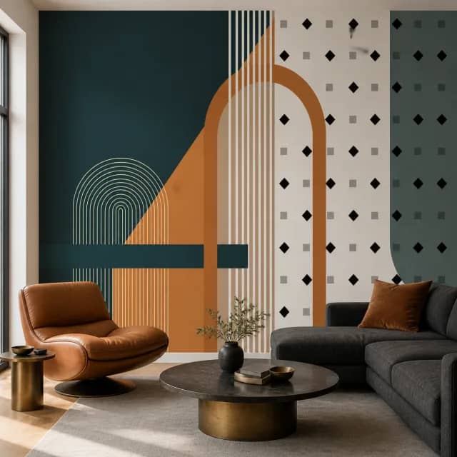 Cognac Geometric Arches wallpaper in a contemporary living room with cognac leather and charcoal seating