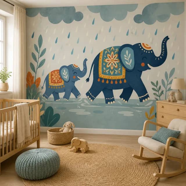 Elephants in the rain mural in a light wood nursery