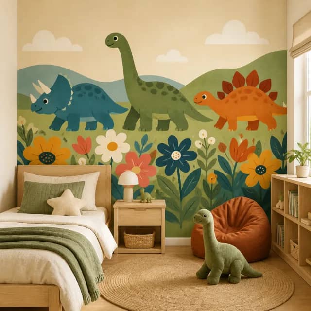Dinosaur and flower mural in a children's bedroom