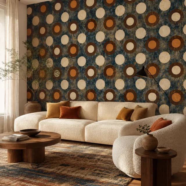Geometric circle wallpaper behind a cream sofa in a modern living room