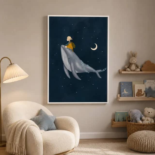 Child and whale artwork in a white frame in a kids reading nook
