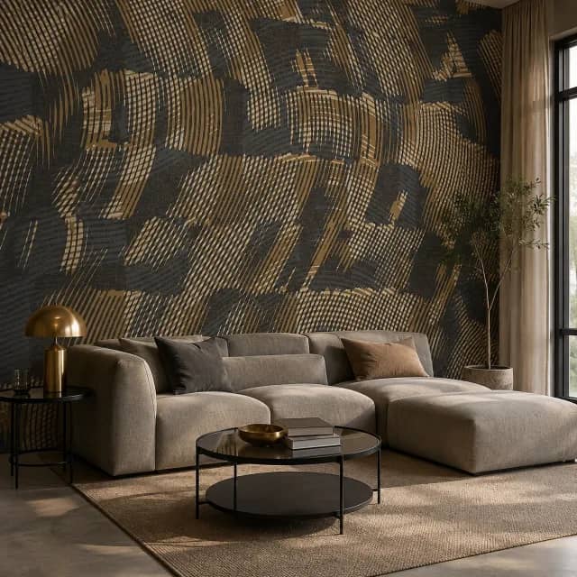 Charcoal and gold abstract wallpaper installed in a modern living room