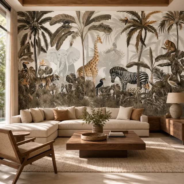Sepia safari mural on a contemporary living room wall with wood furniture