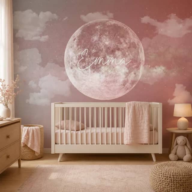 Emma moon mural installed on a nursery wall