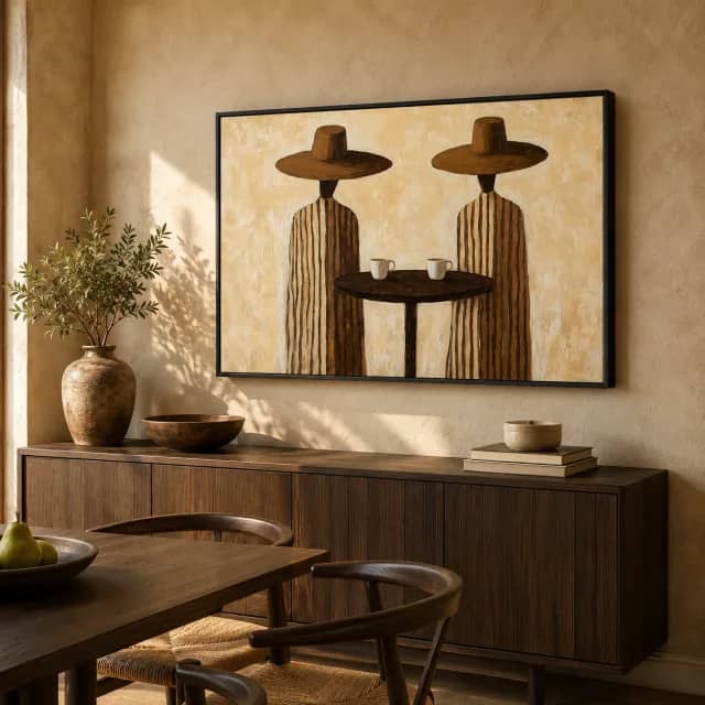 Two figures around a coffee table artwork in a black frame within a wood-accented dining nook
