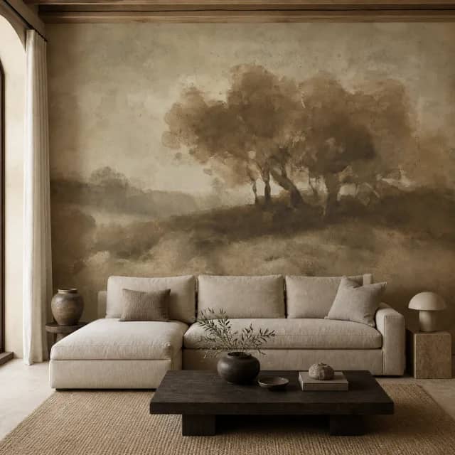 Misty tree mural on a quiet organic-modern living room wall