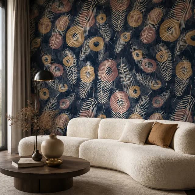 Navy feather wallpaper installed behind a bed in a contemporary bedroom