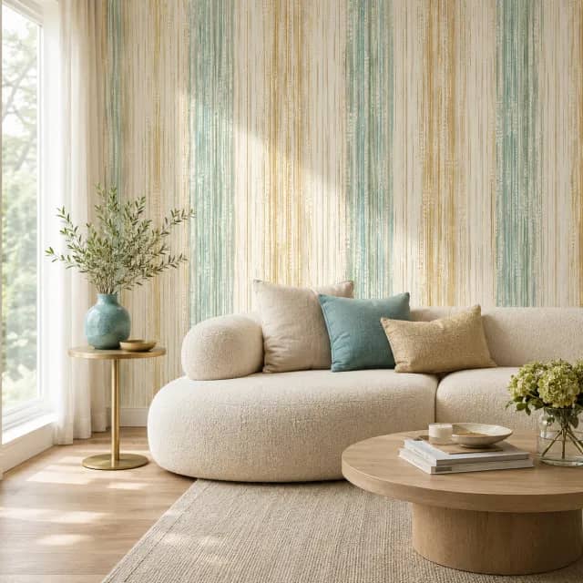 Golden Aqua Lines wallpaper installed on a modern living room wall behind a cream sofa