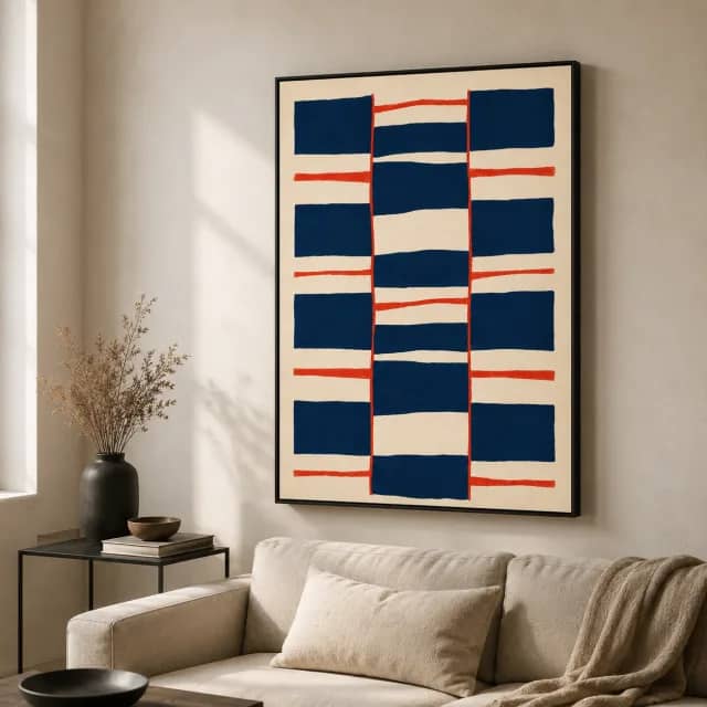 Navy Rhythm on Warm Paper in a black frame above a cream sofa in a calm living room