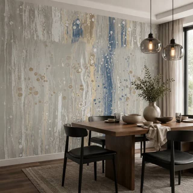 Grey gold abstract wallpaper installed behind a modern dining area