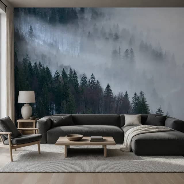 Misty forest mural on a contemporary gray living room wall