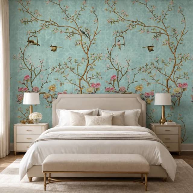 Turquoise bird and blossom mural in an elegant bedroom