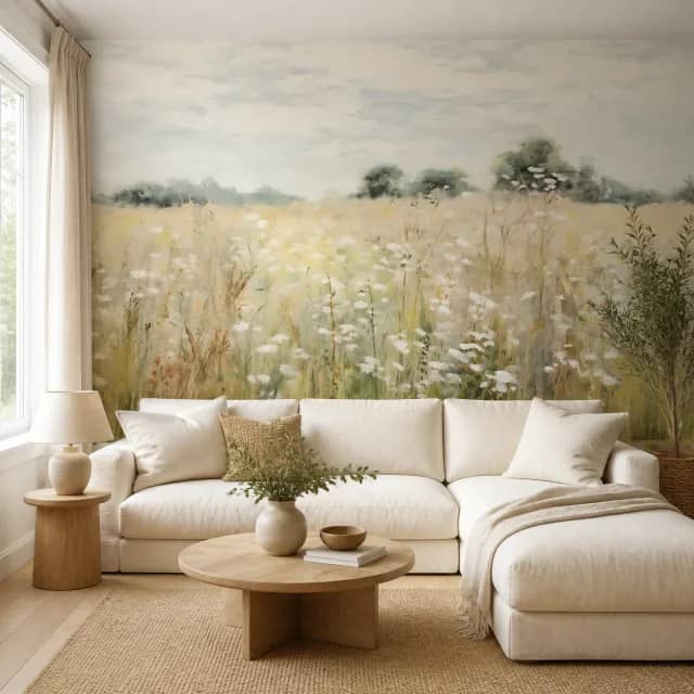Morning Meadow mural on the wall of an airy living room