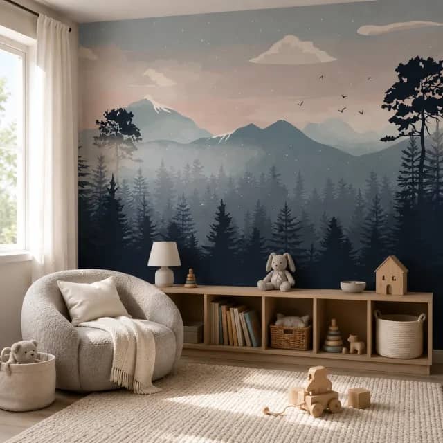 Mountain forest mural installed in a calm nursery reading corner