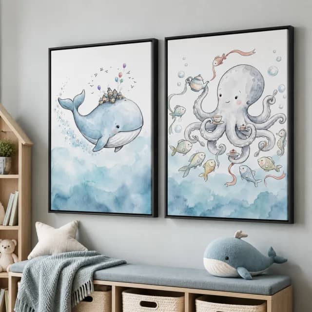 Little Sea Tales in black frames above a soft coastal kids bed
