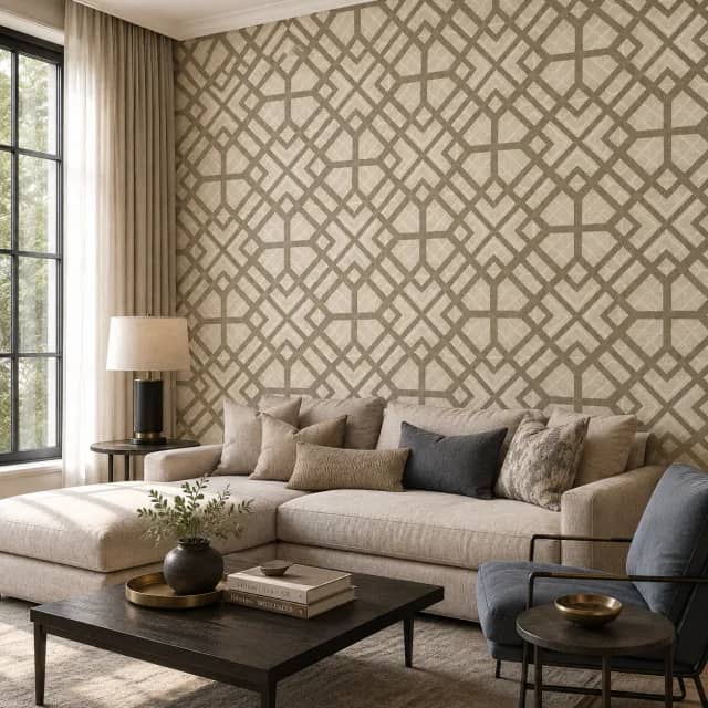 Beige geometric lattice wallpaper installed in a contemporary living room