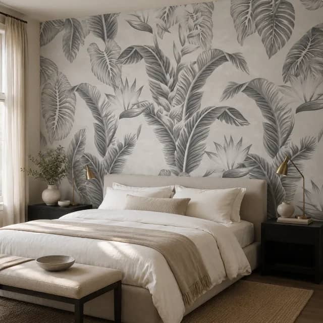Gray botanical wallpaper installed behind a bed in a calm bedroom