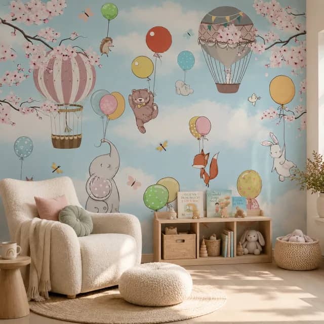 Sky balloons kids mural installed on a calm nursery reading wall