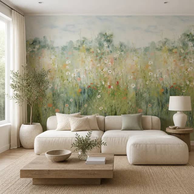 Watercolor wildflower meadow mural on a contemporary living room wall