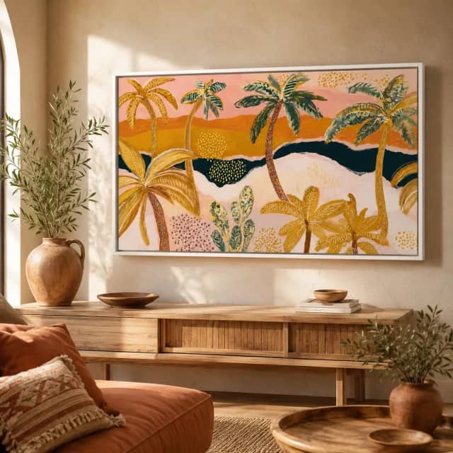Warm Palm Oasis in a white floater frame in a terracotta living room