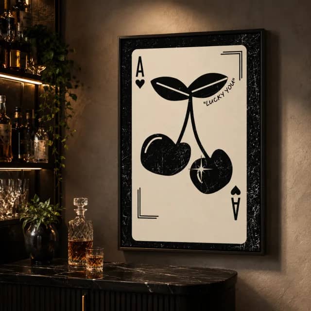 كرز الحظ Lucky You داخل إطار أسود في ركن بار بإضاءة دافئة