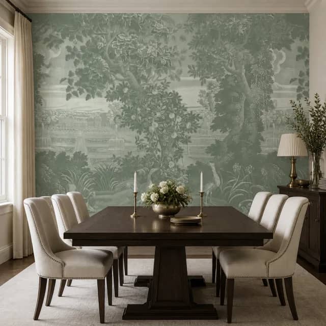 Sage toile mural on an elegant dining room wall