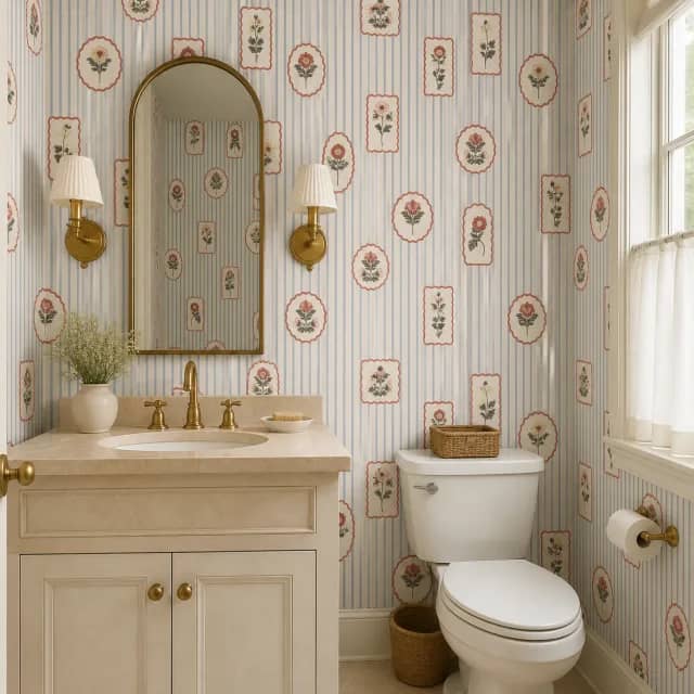 Elegant powder room wrapped in a vintage striped floral mural