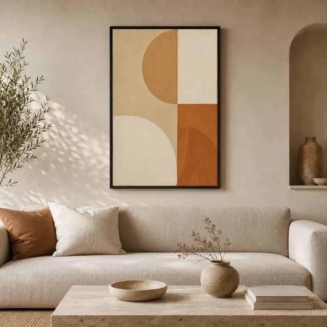 Quiet Clay Orbits geometric abstract artwork in a black floater frame above a cream sofa in a warm living room