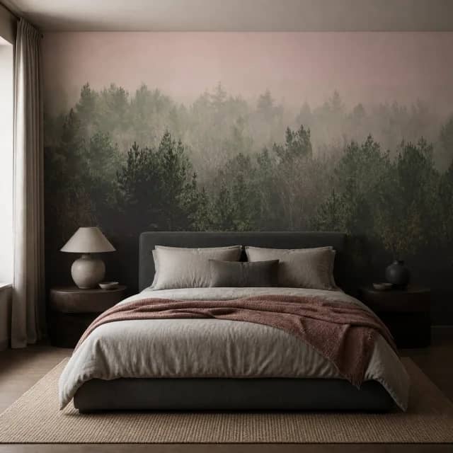 Misty pine forest mural behind a bed in an atmospheric modern bedroom