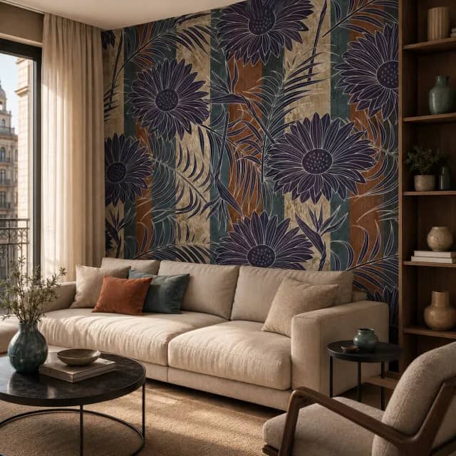 Botanical floral mural installed in an elegant living room
