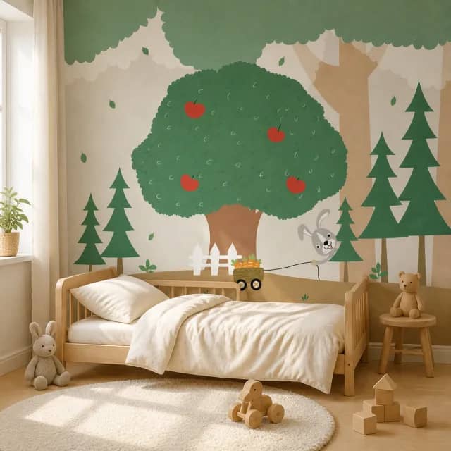 Apple tree mural in a calm toddler bedroom