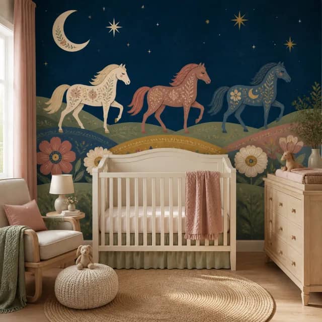 Moonlit horse mural in a nursery