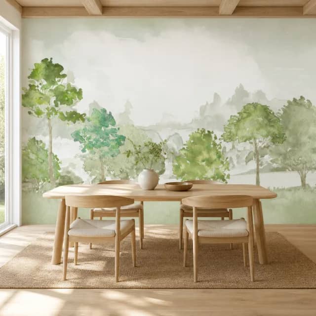 Green watercolor woodland mural in a bright wood dining room