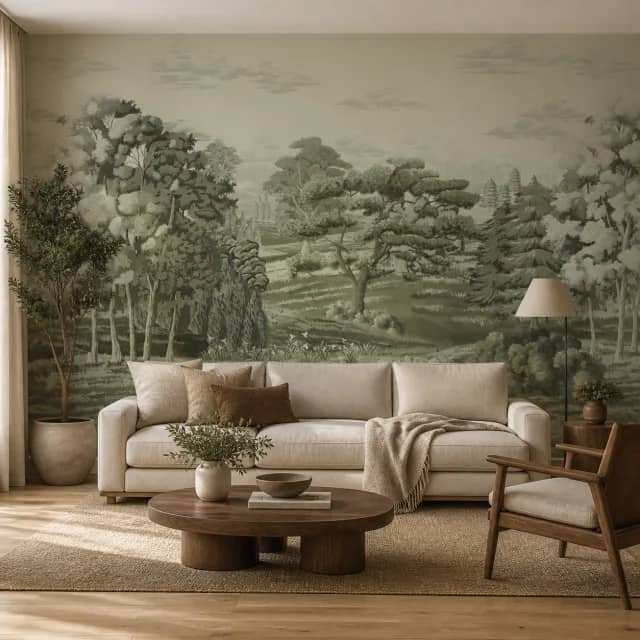 Olive woodland mural covering a contemporary living room wall