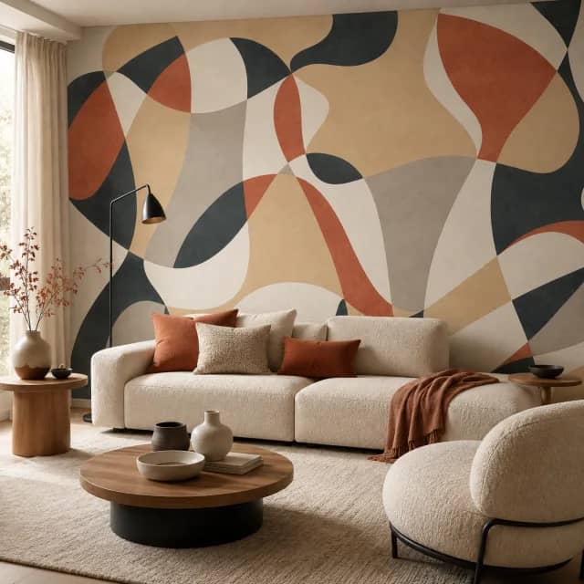 Modern abstract wallpaper installed on an elegant living room feature wall