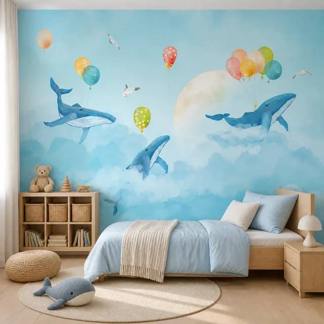 Whales and balloons wallpaper in a calm children’s bedroom