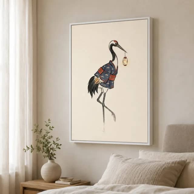Lantern Crane in a white floater frame in a soft bedroom corner