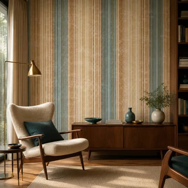 Vertical stripe wallpaper behind a lounge chair in a living room